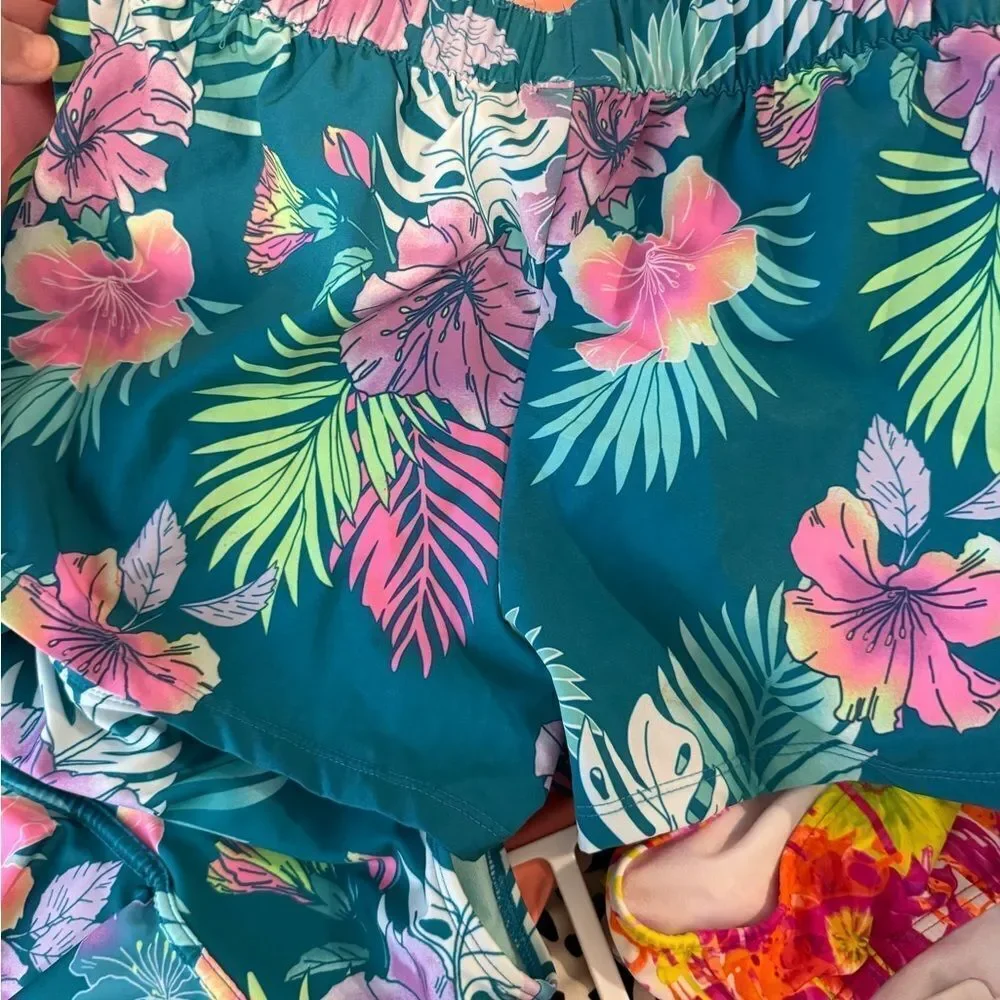 Girls Justice 3 piece set swim suit teal and floral and shorts size Large